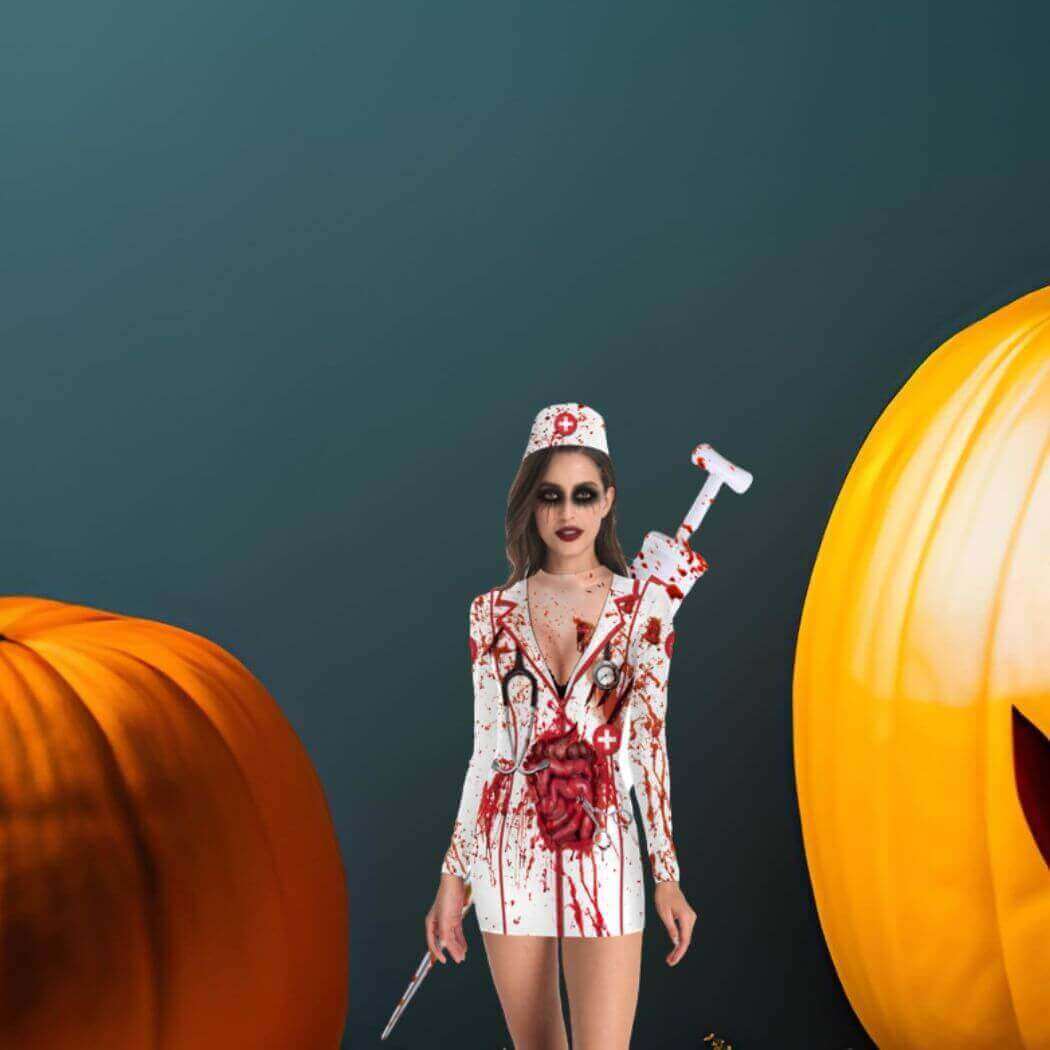 bloody nurse dress halloween prop, beside the latern