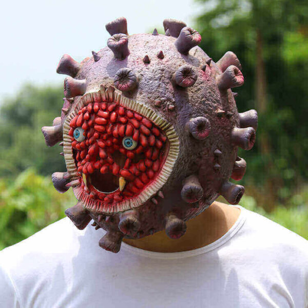 coronavirus latex face mask halloween prop, corona virus halloween mask, the model is looking at 45 degree of right side